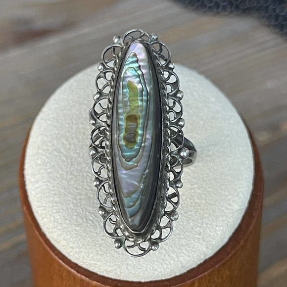 Beautiful ANTIQUE VINTAGE Sterling Silver & Abalone Shell Ring Size 5 - Picture 10 of 11